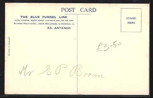 AK Passagierschiff S.S. Antenor auf hoher See, The Blue Funnel Line