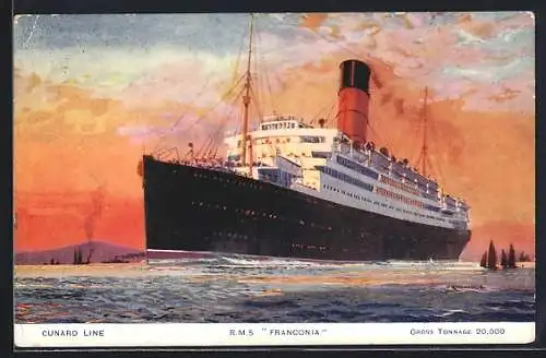 Künstler-AK Britisches Passagierschiff RMS Franconia der Cunard Line im Abendrot