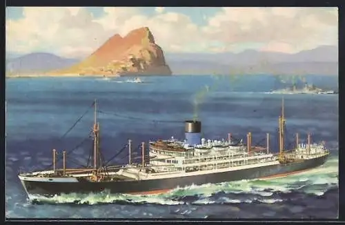 AK Handelsschiff S.S. Pyrrhus auf See in Küstennähe, Blue Funnel Line