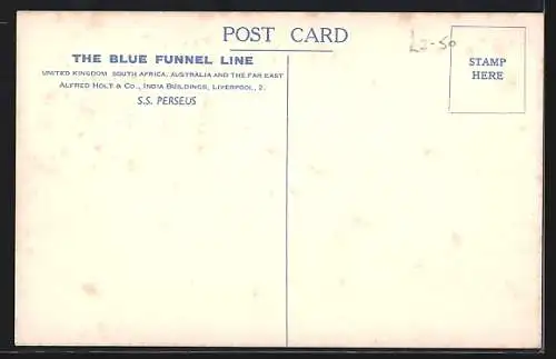 Künstler-AK Handelsschiff S.S. Perseus in Küstennähe, The Blue Funnel Line