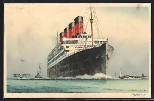 AK Passagierschiff Mauretania in Küstennähe in Bugansicht, Wasserflugzeug daneben