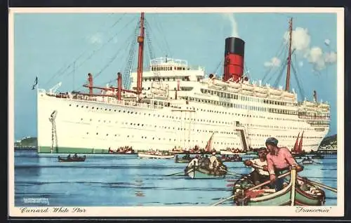 AK Passagierschiff Franconia vor Anker, Passagiere fahren in Ruderbooten ans Ufer, Cunard White Star Liner