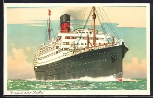 Künstler-AK Passagierschiff R. M. S. Scythia pflügt durch die See, Cunard Liner