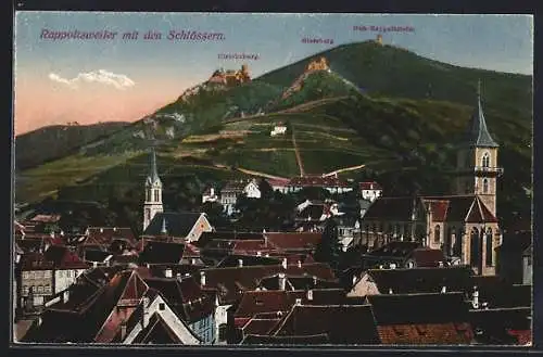 AK Rappoltsweiler, Totalansicht mit den Schlössern aus der Vogelschau