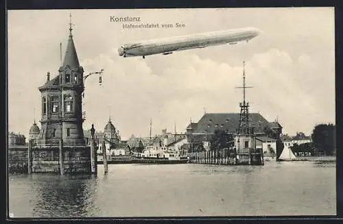 AK Konstanz, Zeppelin über der Hafeneinfahrt vom See