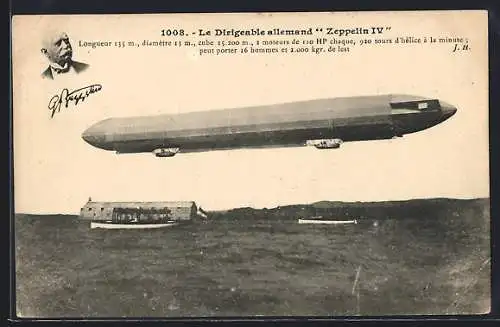AK Le Dirigeable allemand Zeppelin IV. und Portrait von Zeppelin