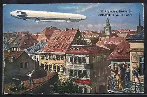 Künstler-AK Graf Zeppelins Luftschiff in voller Fahrt über einer Stadt
