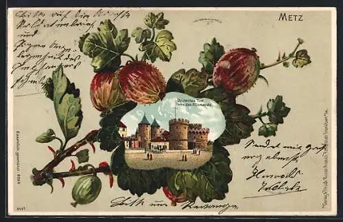Passepartout-Lithographie Metz, Deutsches Thor, Porte des Allemande in einem Stachelbeerblatt