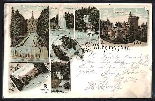 Lithographie Kassel-Wilhelmshöhe, Löwenburg, Grosse Fontaine, Teufelsbrücke