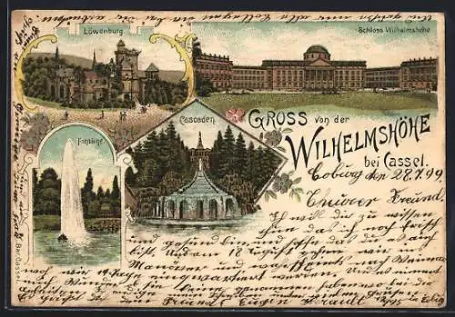 Lithographie Kassel-Wilhelmshöhe, Schloss, Cascaden, Fontaine, Löwenburg