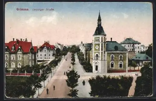 AK Grimma, Leipziger Strasse mit Postamt