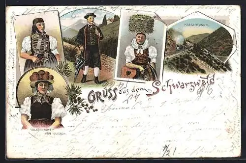 Lithographie Schwarzwald, Kaisertunnel und versch. Volkstrachten aus dem Schwarzwald