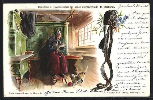 Lithographie Schwarzwälderin in Tracht beim Sticken