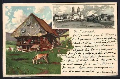 Künstler-AK K. Mutter: St. Märgen, Dorfansicht, Rankmühle mit Kühen