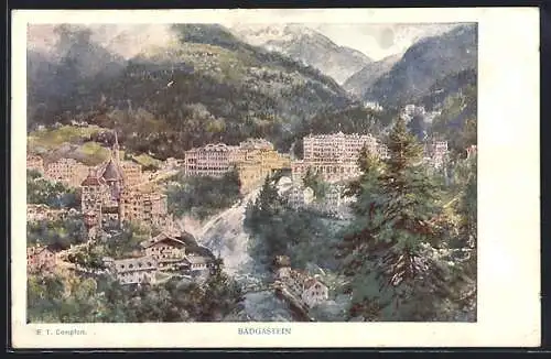Künstler-AK Edward Theodore Compton: Badgastein, Ortsansicht aus der Vogelschau