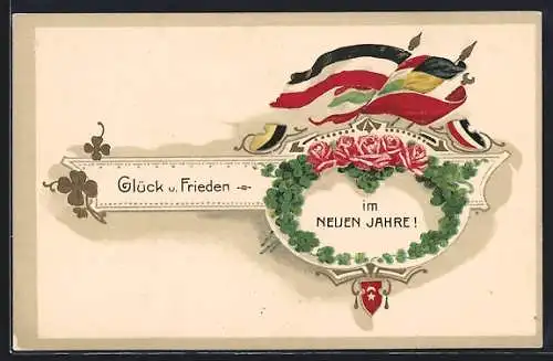 AK Glück und Frieden im Neuen Jahre, Fahnen von Deutschland, Österreich-Ungarn und Türkei, Glücksklee