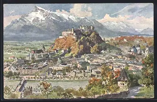 Künstler-AK Edward Harrison Compton: Salzburg, Blick über den Ort gegen Untersberg