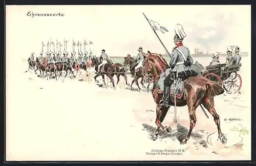 Künstler-AK Carl Becker: Ehrenescorte, Kavallerie begleitet den General
