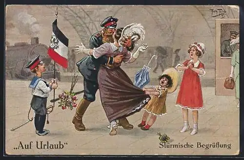 Künstler-AK A. Thiele: Soldat auf Urlaub, Stürmische Begrüssung, Kind plärrt