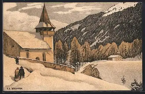 Künstler-AK Ernst E. Schlatter: Winterpartie am Bergkirchlein