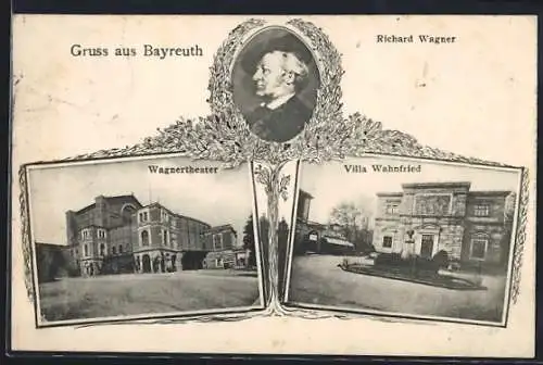 AK Bayreuth, Wagnertheater, Villa Wahnfried, Portrait Richard Wagner