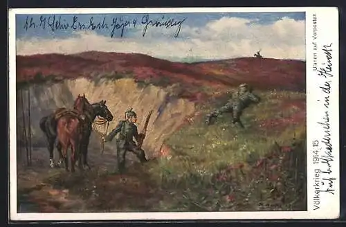 Künstler-AK Ulanen mit Pferden auf Vorposten, Völkerkrieg 1914-15