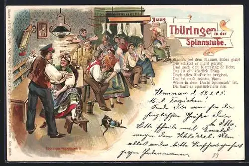 Lithographie Jung Thüringen in der Lichtstube, thüringische Trachten