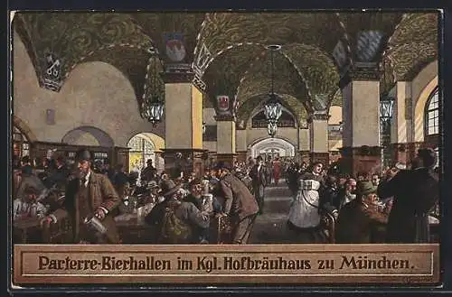 Künstler-AK Fritz Quidenus: Parterre-Bierhallen im Königlichen Hofbräuhaus zu München