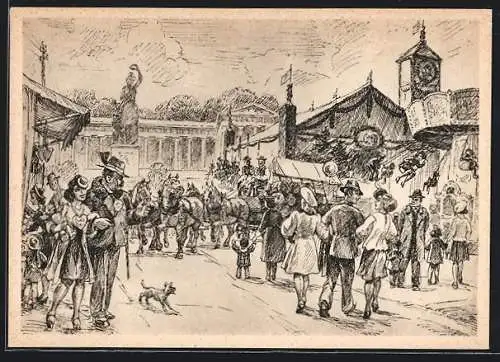 AK München, Oktoberfest, Bavaria mit Ruhmeshalle, Feststimmung