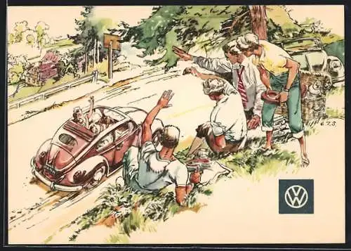 Künstler-AK Volkswagen-Reklame, VW Käfer, Picknickszene