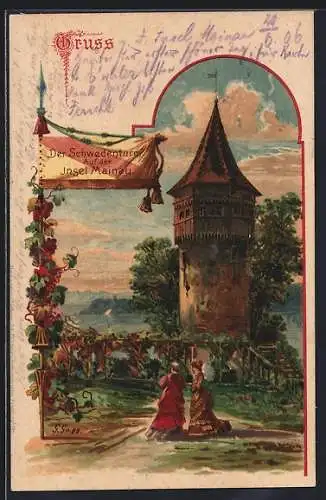 Lithographie Mainau, Blick zum Schwedenturm
