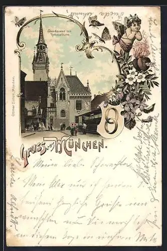 Lithographie München, Standesamt, Rathausturm, Trauringe, Engel, zwei flammende Herzen