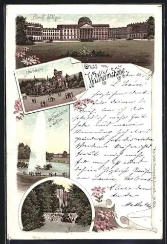 Lithographie Wilhelmshöhe, Königl. Schloss, Löwenburg, Gr. Fontaine und Schloss, Aquaduct