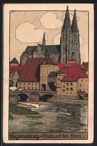 Steindruck-AK Regensburg, Blick auf den Dom