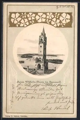 AK Grunewald, Kaiser Wilhelm-Turm im floralen Passepartout