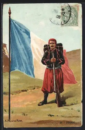 Künstler-AK Zouave in Uniform mit Gewehr und Marschgepäck