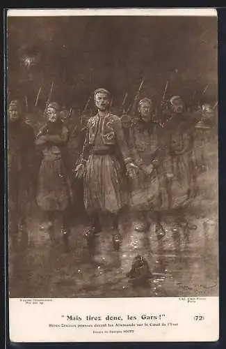 Künstler-AK Héros Zouaves poussés devant les ALlemands sur le Canal de l`Yser