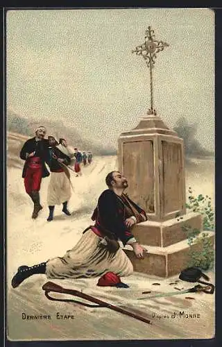 Künstler-AK Verwundeter französischer Soldat geht an einem Wegkreuz zu Boden