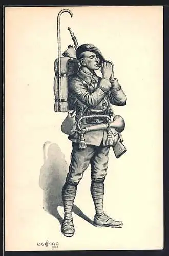 Künstler-AK Französischer Soldat in Uniform mir Marschgepäck zündet sich eine Zigarette an