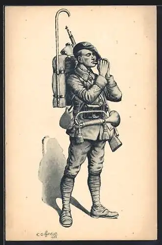 Künstler-AK Französischer Infanterist in Uniform mit Marschgepäck zündet sich eine Zigarette an
