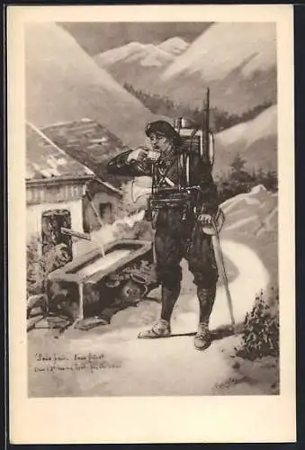 Künstler-AK Französischer Infanterist in Uniform bei einer Trinkpause
