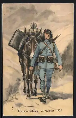 Künstler-AK Infanterie Alpine, le muletier 1932