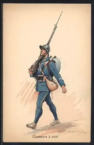 Künstler-AK Chasseurs à pied, Soldat beim Marschieren