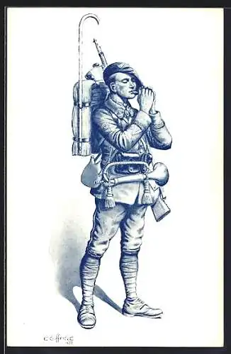 AK Französischer Feldpost-Soldat in Uniform mit Gepäck