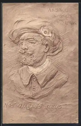 AK Relief eines franz. Soldaten, Alsace, Vosges, Verdun, nos Diables Bleus