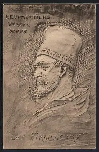 AK Relief eines franz. Soldaten, Neufmontiers, Verdun, Somme - Les Tirailleurs