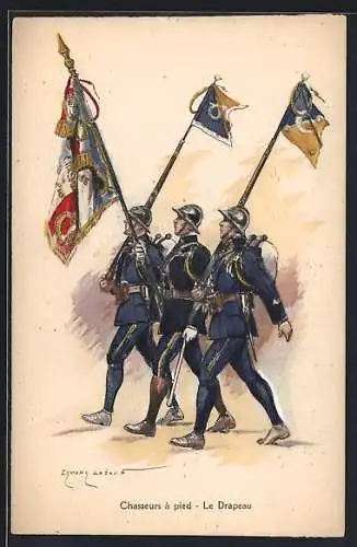 Künstler-AK Edmond Lajoux: Chasseurs à pied, Le Drapeau, französische Jäger zu Fuss mit Regimentsfahne