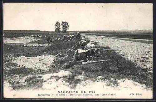 AK Campagne de 1914, Infanterie en combat, Tirailleurs utilisant une ligne d`abri