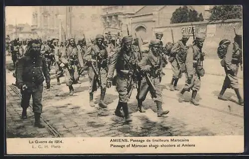 AK Amiens, Passage de tirailleurs Marocains