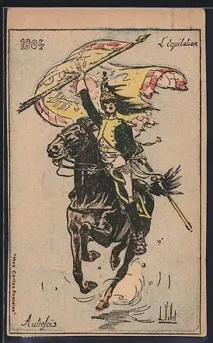 Künstler-AK Französischer Kavallerist zu Pferde mit einer Fahne in der Hand, 1804